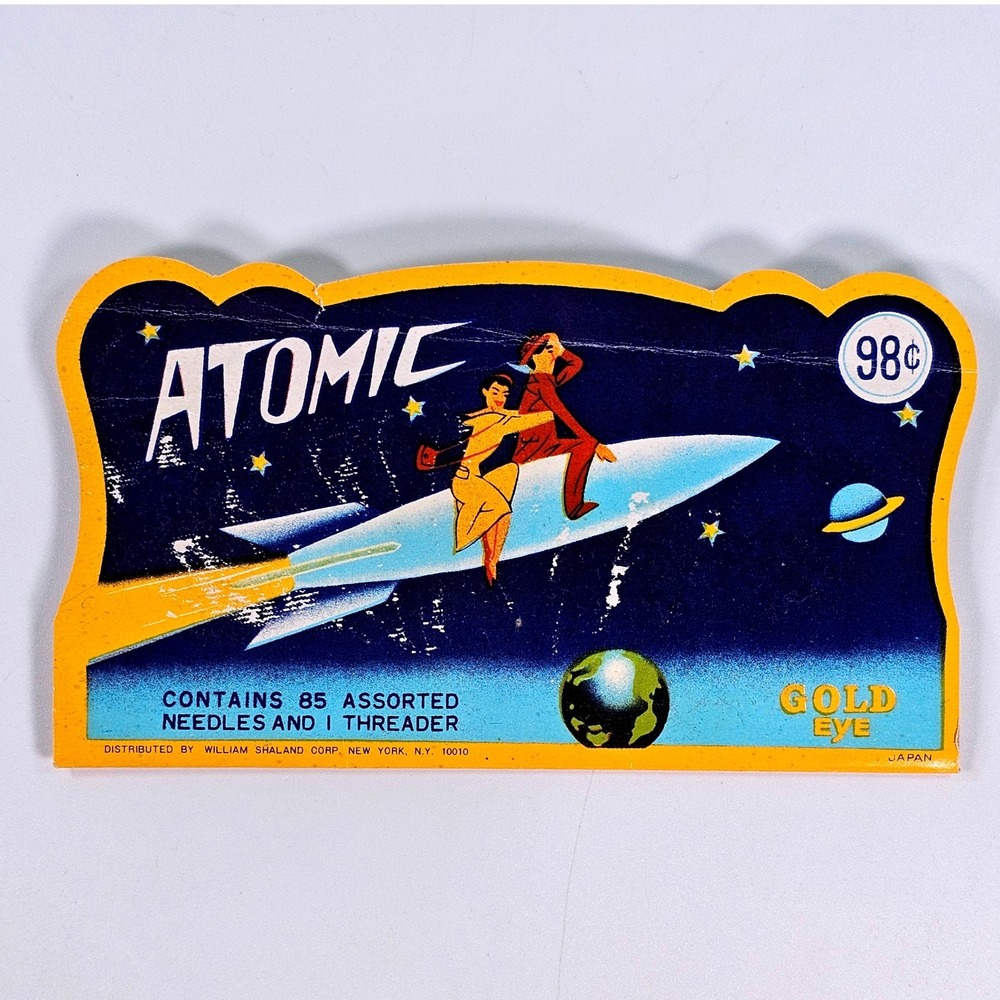 Vintage Atomic Gold Eye Needle Book 85 Assorted Needles Rocket Space Age Japan